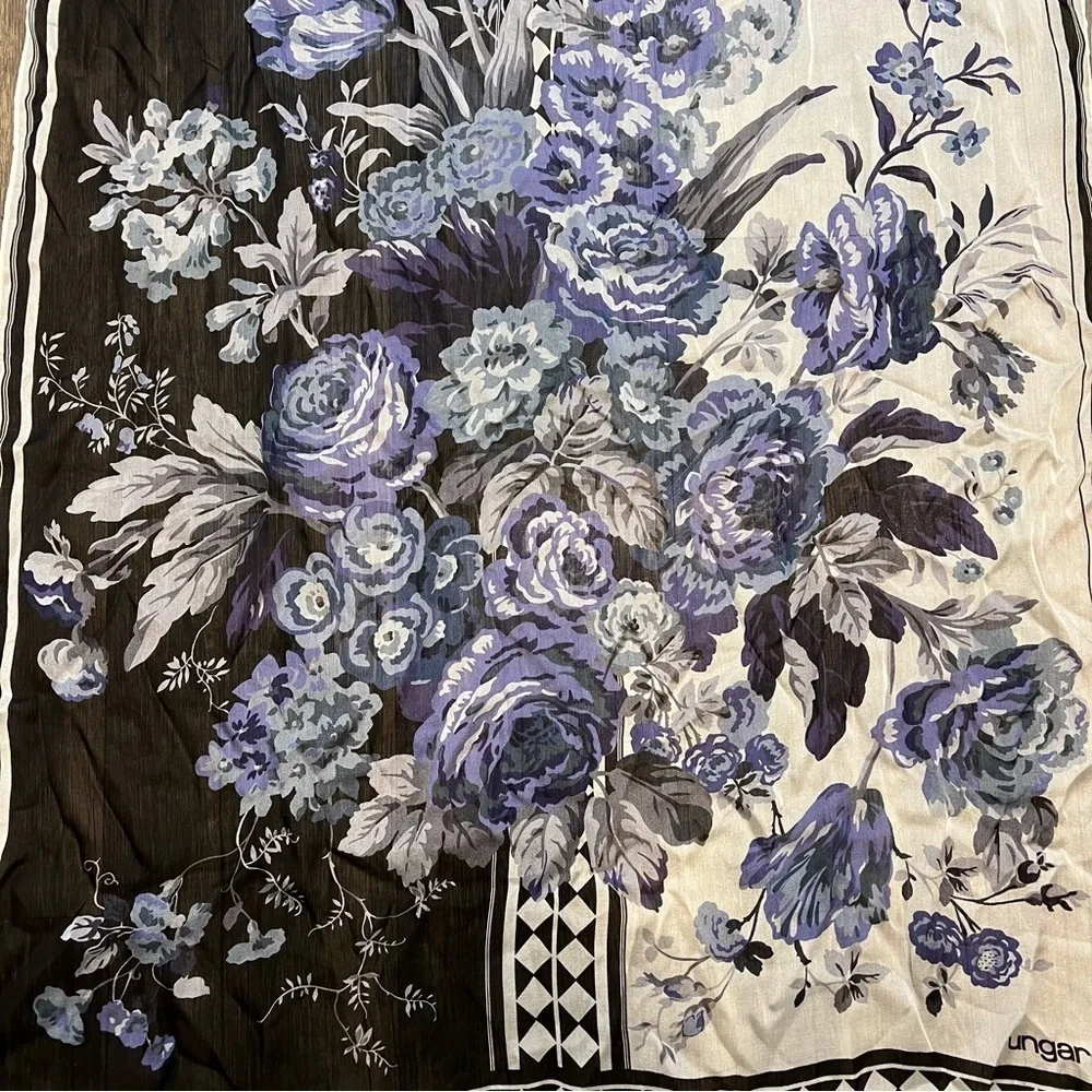 Emanuel Ungaro Vtg Silk Floral Multipurpose Oversized Scarf Wrap Cover Blue Y2K